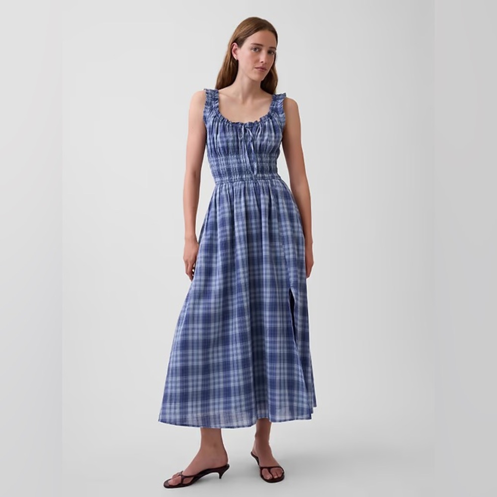 NWT GAP Voile Blue Plaid Smocked Waist Maxi Dress